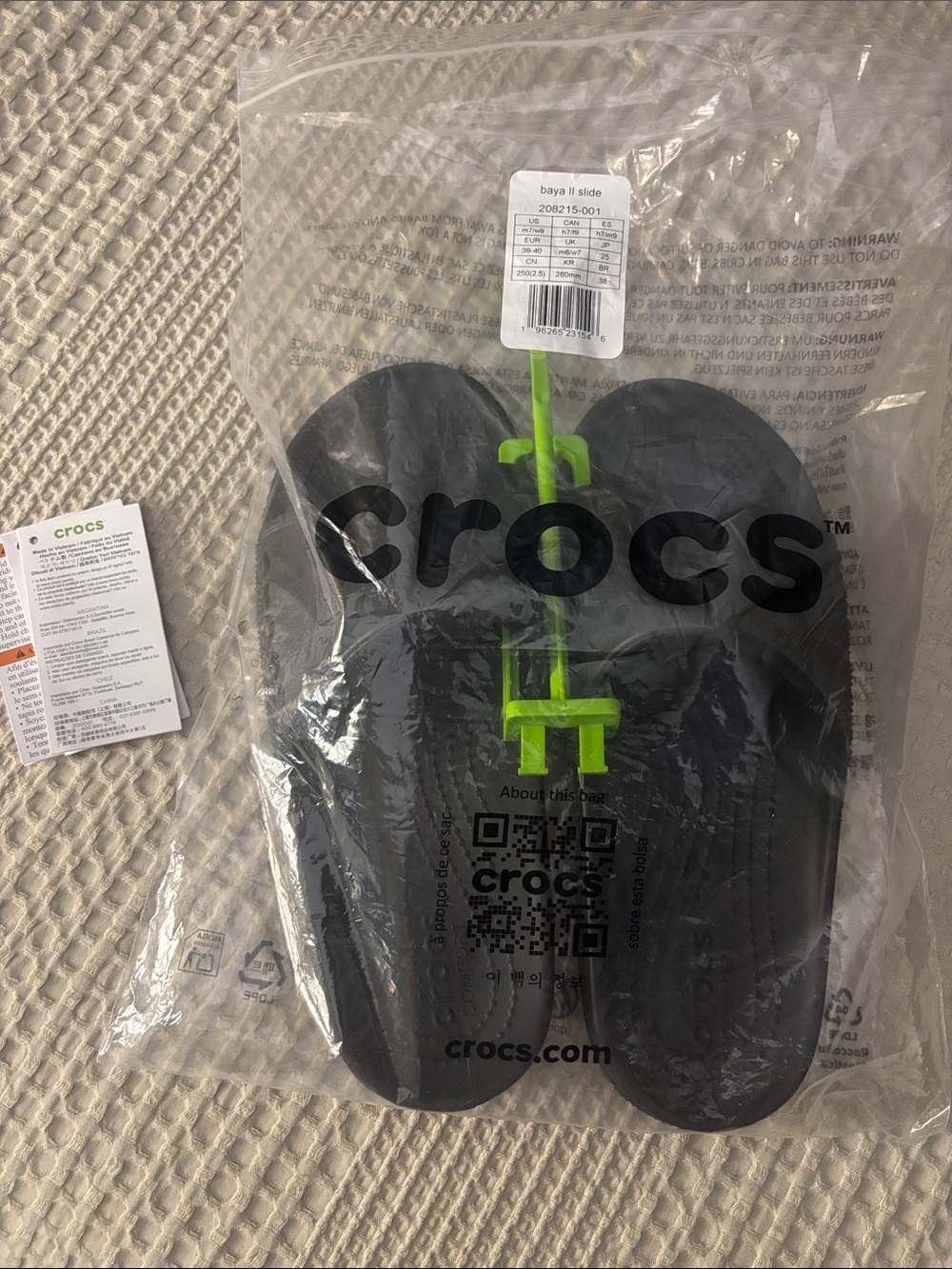 CROCS Black Slide Sandals with Neon Green Hanger